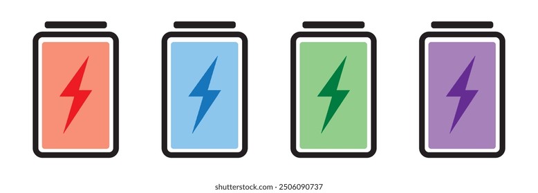 Battery charge many color flat icons. Battery charging, charge indicator. Vector battery power icon powerfully charged. Vector illustration