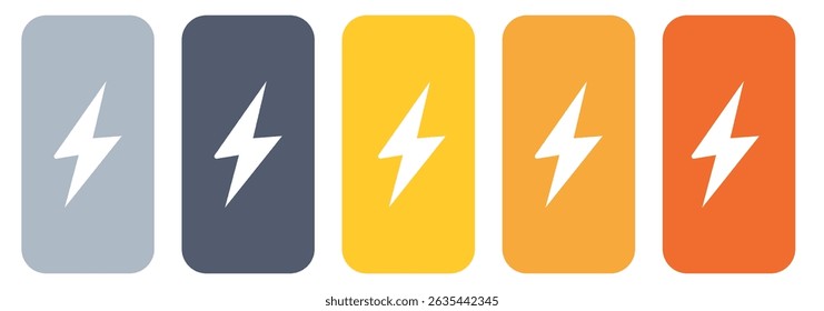 Akku laden viele Farben flache Symbole. Batterieladung, Ladeanzeige. Vektorakku-Netzsymbol stark geladen. Vektorgrafik