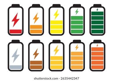 Battery charge many color flat icons. Battery charging, charge indicator. Vector battery power icon powerfully charged. Vector illustration