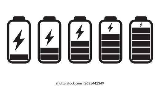 Recargo de la batería muchos iconos planos de color. Carga de la batería, indicador de Recargo. Icono de energía de la batería de Vector cargado con energía. Ilustración vectorial