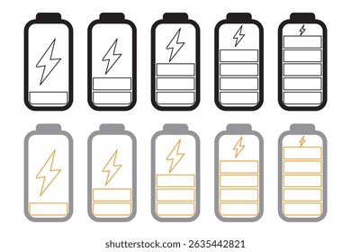 A bateria carrega muitos ícones planos coloridos. Bateria carregando, indicador de carga. Ícone de energia da bateria do vetor carregada com energia. Ilustração vetorial