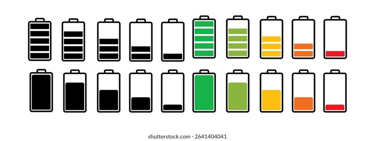 Battery charge many color flat icons. Battery charging, charge indicator.