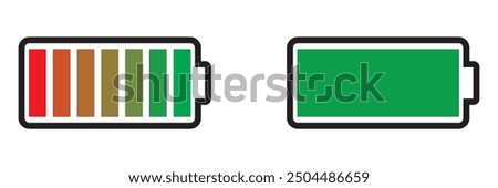 Battery charge many color flat icons. Battery charging, charge indicator. Vector battery power icon powerfully charged. Vector illustration