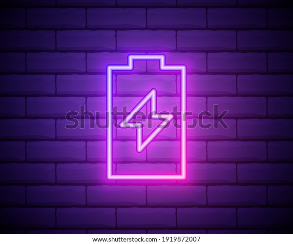 battery charge neon icon. Charger glowing sign.\
Vector symbol of charging\
battery.