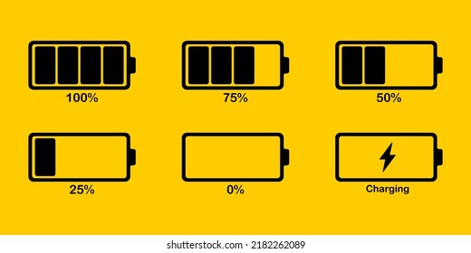 Battery charge percent set icon. Full, charged, fast, carging, 100, 75, 50, 25, 0, lightning, electricity, accumulator, electronoc device, power. Technology concept. Vector line icon for Business.