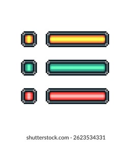 Ícone de estilo de arte de pixel de carga de bateria, barra completa. Sprite de 8 bits de videogame. Assine energia, coração. Ilustração isolada de vetor abstrato. 