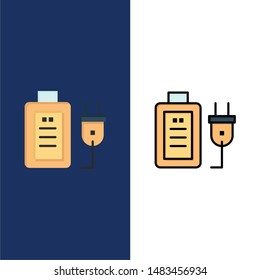 Battery, Charge, Plug, Education  Icons. Flat and Line Filled Icon Set Vector Blue Background