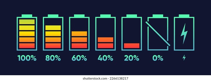 Colección de iconos del indicador de progreso de carga de batería. Carga de la batería en diferentes niveles de progreso. Batería completa y batería completa baja. Ilustración vectorial.