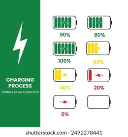 Battery Charge progress indicator icons collection. Battery charge in different level progress. Full battery and low full battery status. Vector illustration.