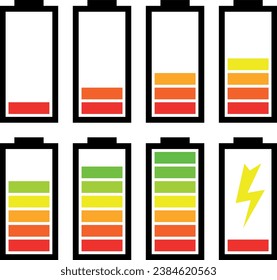 Battery charge. A set of flat icons on a transparent background. The battery charge level. Black color with red, yellow, and green divisions or sections. Simple vector illustration.