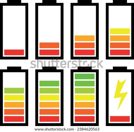 Battery charge. A set of flat icons on a transparent background. The battery charge level. Black color with red, yellow, and green divisions or sections. Simple vector illustration.