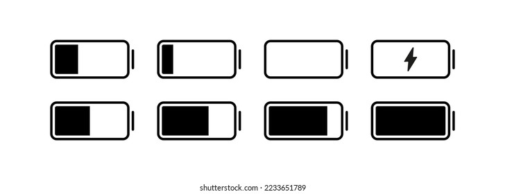 Battery charge set icon. Electricity, electrical plug, lightning, percent, discharged, poles, plus, minus, accumulator. Technology concept. Vector line icon on white background