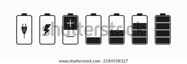 Battery\
charge set icon. Electricity, electrical plug, lightning, percent,\
discharged, poles, plus, minus, accumulator. Technology concept.\
Vector line icon for Business and\
Advertising.