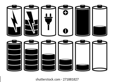 Battery charge. Set symbols of different status. Can be used for interface of smartphones, tablets, laptops, or design emblem of energy. Black vector outline isolated on white background.