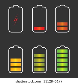 Battery charge state indicator icons. Set with different levels of charge phone's battery. Vector illustration.