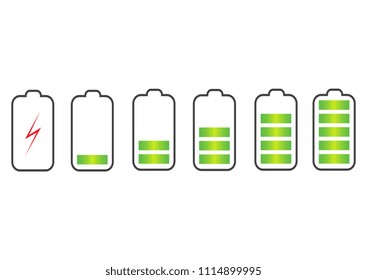 Battery charge state indicator icons. Set with different levels of charge phone's battery. Vector illustration.