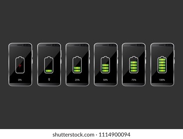 Battery charge state indicator icons. Set with different levels of charge phone's battery. Vector illustration.