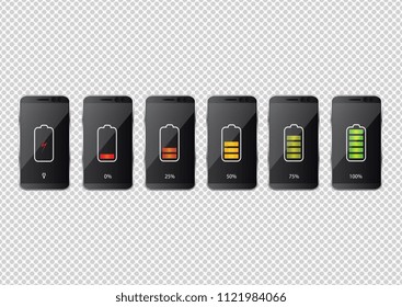 Battery charge state indicator icons. Set with different levels of charge phone's battery. Vector illustration.