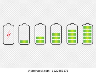 Battery charge state indicator icons. Set with different levels of charge phone's battery. Vector illustration.