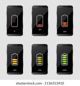Battery charge state indicator icons. Set with different levels of charge phone's battery. Vector illustration.