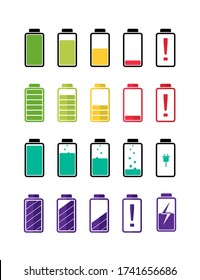 Battery charge status flat icon set. Phone or laptop recharge indicator design isolated vector illustration collection. UI symbols and digital technology concept