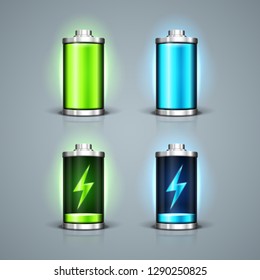 Battery charge status with lighting. Full battery and charging battery. Vector illustration.