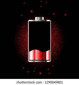 Battery charge status with lighting. Battery indicator levels. Full charge energy for mobile phone. Accumulator indicator icon of power level. Isolated on black background.