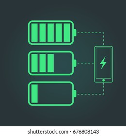 Battery charge status. Mobile phone with low and full battery. Vector illustration