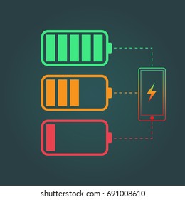 Battery charge status. Mobile phone with low and full battery. Colorful vector illustration