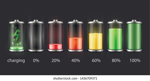 Battery charge status set, accumulator indicator image. Remaining battery time. Vector flat style cartoon illustration on black background