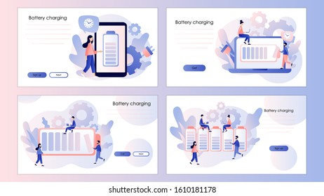Battery charge. Tiny Users and battery performance. Screen template for mobile smart phone Modern flat cartoon style. Vector 