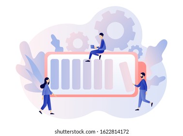 Battery charge. Tiny Users, battery performance and long life battery.  Metaphor of productivity. Modern flat cartoon style. Vector illustration on white background