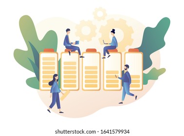 Battery charge. Tiny Users, battery performance and long life battery. Various state of battery charging. Modern flat cartoon style. Vector illustration on white background