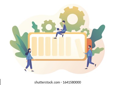 Battery charge. Tiny Users, battery performance and long life battery.  Metaphor of productivity. Modern flat cartoon style. Vector illustration on white background