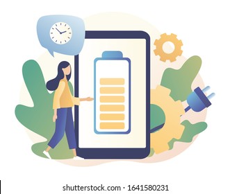 Battery charge. Tiny Users, battery performance and long life battery. Energy power source maintenance. Modern flat cartoon style. Vector illustration on white background