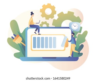 Battery charge. Tiny Users, battery performance and long life battery. Energy power source maintenance. Modern flat cartoon style. Vector illustration on white background