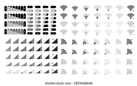 Battery charge vector icon set. Vector set of mobile interface top line icons for and phone charge level. Flat style. Vector graphics