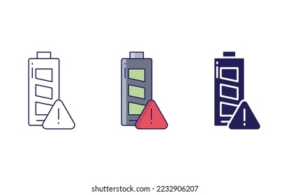 Batería, línea de advertencia de carga e icono de glifo, ilustración vectorial