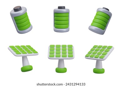 Battery is charged, solar panel is on stand. Vector 3D templates for green energy concepts