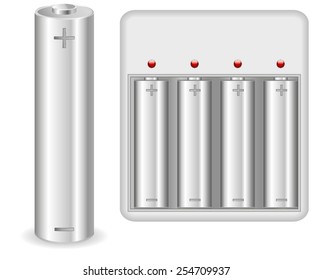 Battery charger with batteries - vector drawing isolated on white background