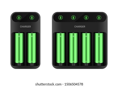 Battery charger concept. Two and four slots, display with information. Vector illustration EPS10.