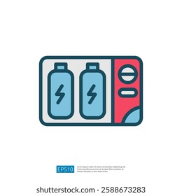 Battery Charger Icon Illustration with Dual Batteries and Energy Symbols in Blue and Red Color Scheme