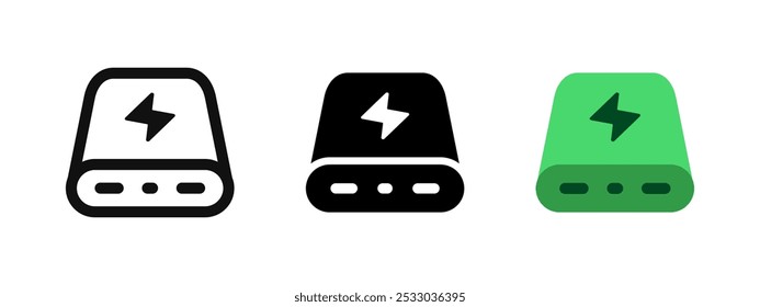 Ícone do carregador de bateria. Ilustração vetorial de banco de energia portátil. Símbolo de carregamento do dispositivo eletrônico. Sinal de acumulador de bateria verde. Pictograma de banco de energia de carregamento de telefone em três estilos diferentes isolados