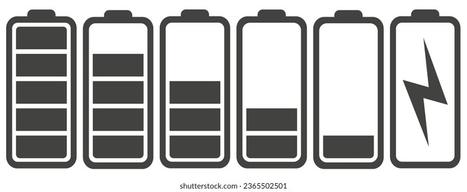 Battery charges in black. Battery charge indicator icons, vector graphics. EPS 10.
