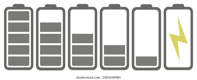 Battery charges in black. Battery charge indicator icons, vector graphics. EPS 10.