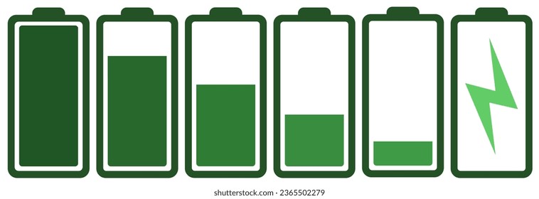 Battery charges in green. Battery charge indicator icons, vector graphics. EPS 10.