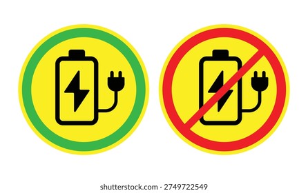 Battery charging allowed and prohibited icons with power plug symbol on yellow background. Green circle indicates charging permitted, red prohibition sign shows no charging. Ideal for electrical safety signs, battery power indicators, warning labels, and energy management graphics.