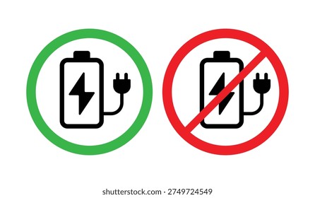 Battery charging allowed and prohibited icons with power plug symbol inside green and red circles. Perfect for electrical safety signage, battery charging permission indicators, device power status UI, energy management graphics, and technology interface symbols.