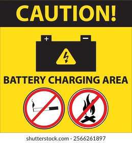 Battery charging area no smoking or open flames warning sign notice vector