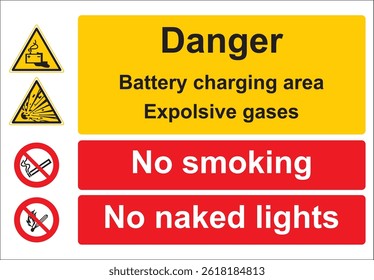 Battery charging area : no smoking no naked lights.
Battery room explosive gases. Isolated vector illustration.
